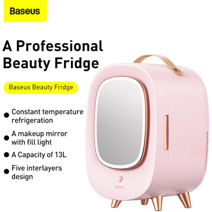Baseus Mini Cosmetic Fridge Portable Professional Beauty Make-Up Refrigerator with Mirror 13L CRBXNS-04 Pink - Image 5
