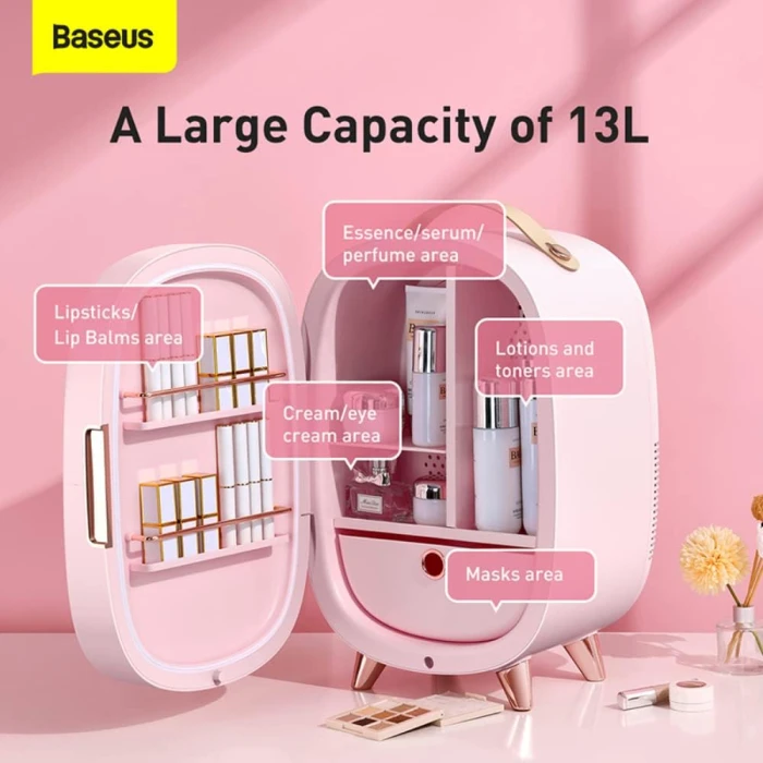 Baseus Mini Cosmetic Fridge Portable Professional Beauty Make-Up Refrigerator with Mirror 13L CRBXNS-04 Pink - Image 3