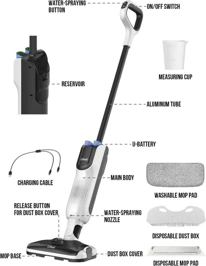 LiTHELi Cordless Vacuum Mop Cleaner, 2-in-1 Hard Floor Stick Vacuum, Wet Dry Mop, 2 Disposable Dust Boxes, 14 Disposable Pads & 1 Washable Pad, 2 Swappable 4000mAh Batteries - Image 8