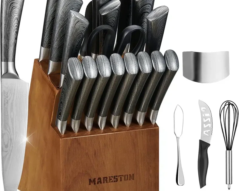 Knife Set with Block for Kitchen, Mareston 24 pcs High-Carbon German Stainless Steel Kitchen Knives Set with Block, Professional Chef Knife Set with 8 Steak...