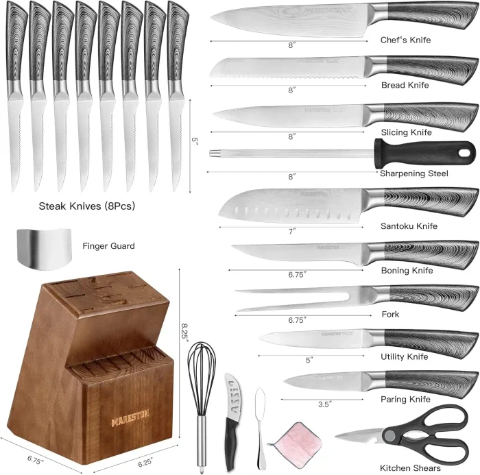 Knife Set with Block for Kitchen, Mareston 24 pcs High-Carbon German Stainless Steel Kitchen Knives Set with Block, Professional Chef Knife Set with 8 Steak... - Image 6