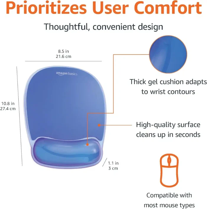 Amazon Basics Rectangular Mouse Pad with Gel Crystal Wrist Rest, Blue, 27.4 cm x 21.6 cm x 3 cm - Image 4