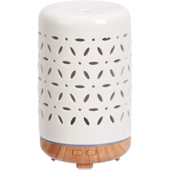 Amazon Basics Ultrasonic Aromatherapy Essential Oil Diffuser Ceramic 120ml Dark Wood Grain Base Floral - Image 6