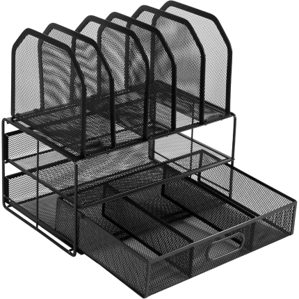 Amazon Basics Mesh Desk Organizer with Sliding Drawer, Double Tray and 5 Upright Sections, Black