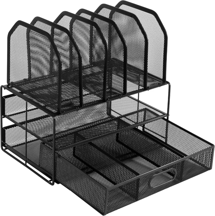 Amazon Basics Mesh Desk Organizer with Sliding Drawer, Double Tray and 5 Upright Sections, Black - Image 7