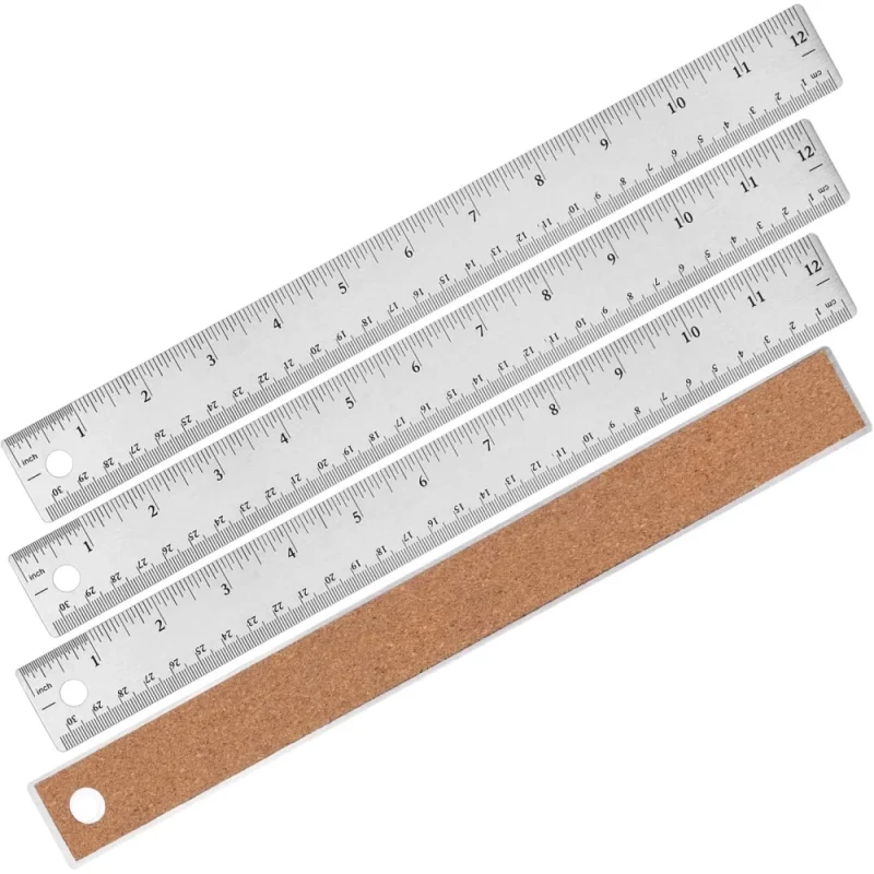 Amazon Basics 12-Inch Stainless Steel Ruler with Non-Slip Cork Base, 4-Pack, Chrome