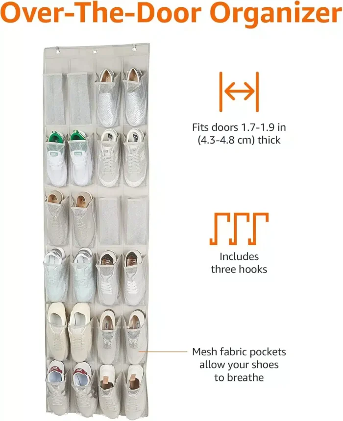 Amazon Basics 24 Medium Pocket Over-the-Door Hanging Shoe Organizer, Light Grey - Image 2