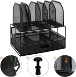 Amazon Basics Mesh Desk Organizer with Sliding Drawer, Double Tray and 5 Upright Sections, Black - Image 6