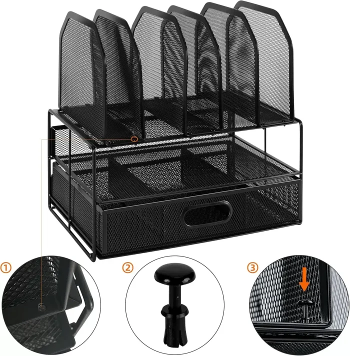 Amazon Basics Mesh Desk Organizer with Sliding Drawer, Double Tray and 5 Upright Sections, Black - Image 6