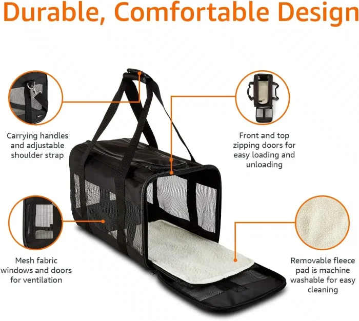 Amazon Basics Soft-Sided Mesh Pet Travel Carrier for Dog, Cat, up to 16 pounds, 16.5" L x 10.6" W x 11" H, Black - Image 3