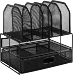 Amazon Basics Mesh Desk Organizer with Sliding Drawer, Double Tray and 5 Upright Sections, Black - Image 5
