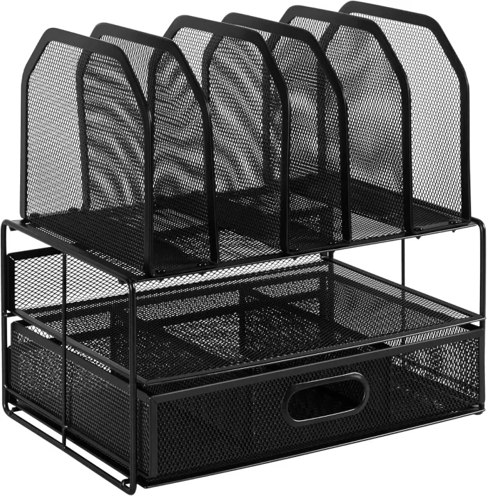 Amazon Basics Mesh Desk Organizer with Sliding Drawer, Double Tray and 5 Upright Sections, Black - Image 5