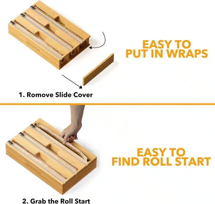 SpaceAid WrapNeat 3 in 1 Wrap Organizer with Cutter and Labels, Plastic Wrap, Aluminum Foil and Wax Bamboo Dispenser for Kitchen Storage Organization Holder for 12" Roll (Natural) - Image 4