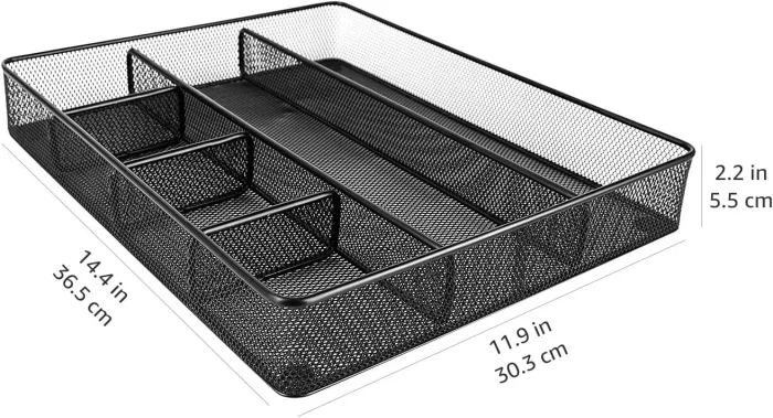 Amazon Basics Desk Drawer Organizer for Office and Home, Metal Mesh, Anti-Slip, 6 Compartments, Black - Image 4