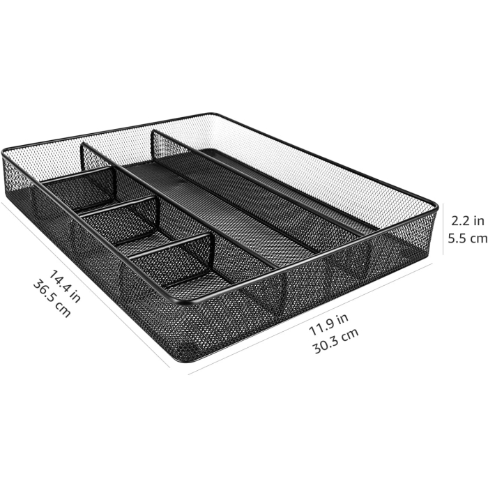 Amazon Basics Desk Drawer Organizer for Office and Home, Metal Mesh, Anti-Slip, 6 Compartments, Black - Image 4