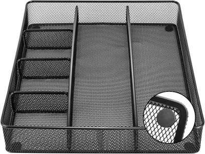 Amazon Basics Desk Drawer Organizer for Office and Home, Metal Mesh, Anti-Slip, 6 Compartments, Black - Image 3