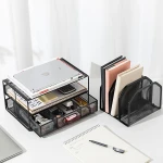 Amazon Basics Mesh Desk Organizer with Sliding Drawer, Double Tray and 5 Upright Sections, Black - Image 3