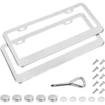 Amazon Basics Stainless Steel License Plate Frame Pair with Screw Caps - 2-Hole, 12.2'' x 6.3'', Silver