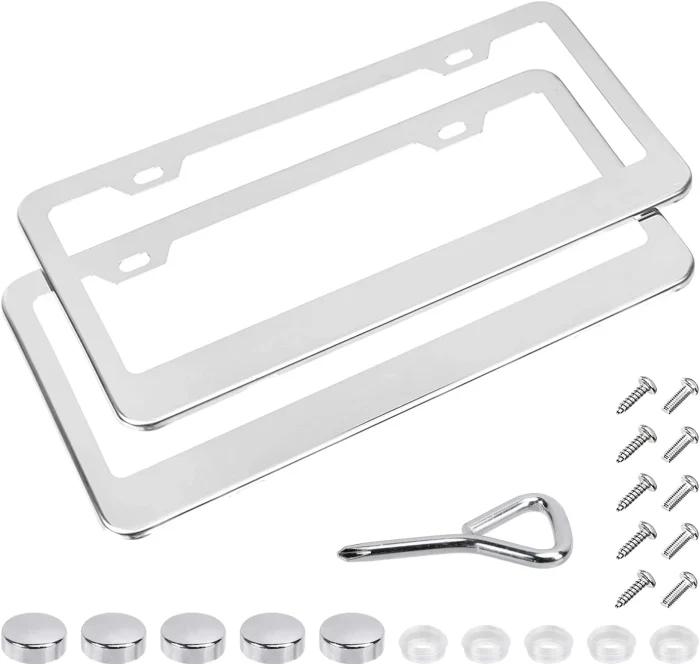 Amazon Basics Stainless Steel License Plate Frame Pair with Screw Caps - 2-Hole, 12.2'' x 6.3'', Silver - Image 8