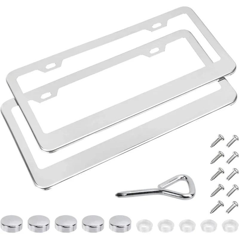 Amazon Basics Stainless Steel License Plate Frame Pair with Screw Caps - 2-Hole, 12.2'' x 6.3'', Silver
