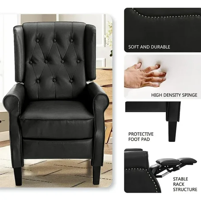 BALICHUN Leather Recliner Chair, Black Accent Chair, Wingback Push Back Recliner Chair for Living Room or Bedroom, Massage Recliner Chair for Adults, Small Single Reclining Sofa Lounge (Black) - Image 2