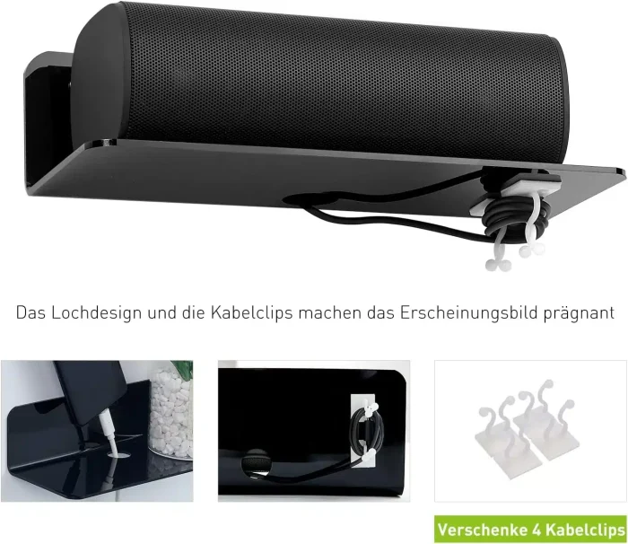 OAPRIRE Acrylic Floating Wall Shelves Set of 2, Damage-Free Expand Wall Space, Black Small Wall Shelf for Smart Speaker, Action Figures, Monitor with Cable Clips, Stick on, No Drill - Image 4