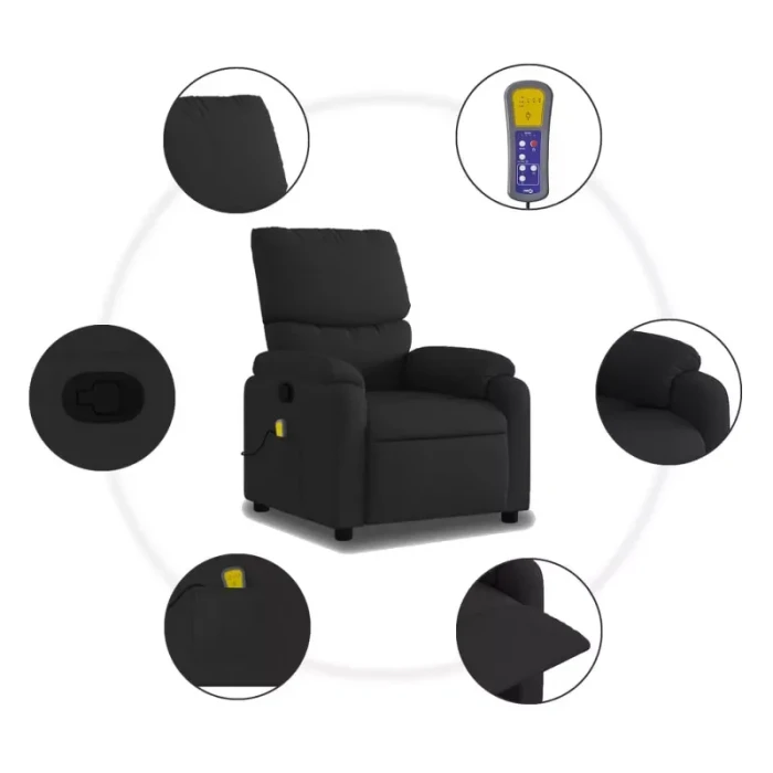 vidaXL Black Fabric Massage Recliner Chair - Manual Recline, 6-Point Vibration Massage System, Comfortable Padding, Wood/Metal Frame - Image 6
