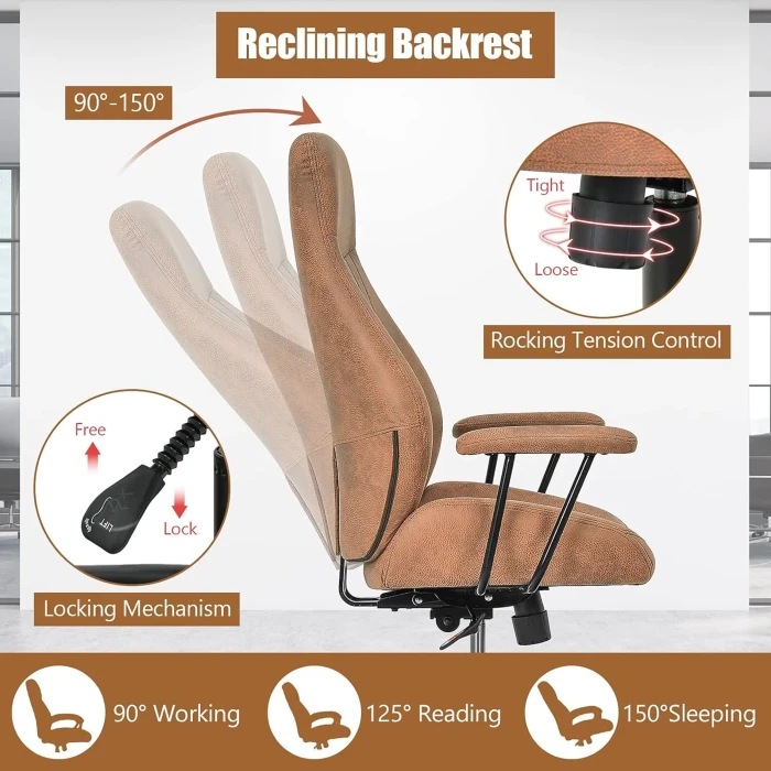 COSTWAY Executive Office Chair, Suede Fabric Ergonomic Height Adjustable Swivel Computer Desk Chair, 150° Reclining High Back Rolling Manager Task Chair for Home Office (Brown) - Image 5
