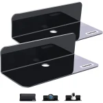 OAPRIRE Acrylic Floating Wall Shelves Set of 2, Damage-Free Expand Wall Space, Black Small Wall Shelf for Smart Speaker, Action Figures, Monitor with Cable Clips, Stick on, No Drill
