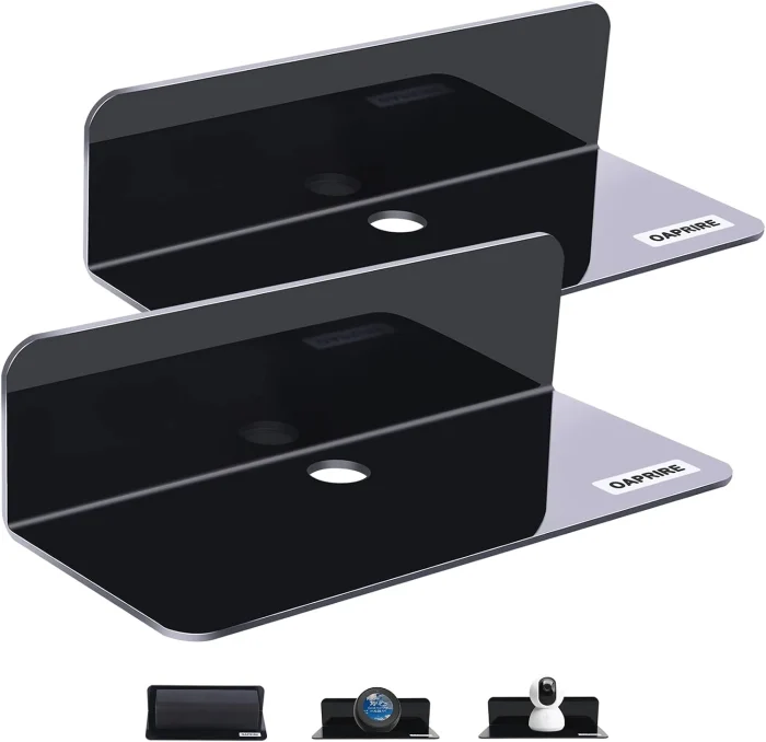 OAPRIRE Acrylic Floating Wall Shelves Set of 2, Damage-Free Expand Wall Space, Black Small Wall Shelf for Smart Speaker, Action Figures, Monitor with Cable Clips, Stick on, No Drill - Image 6