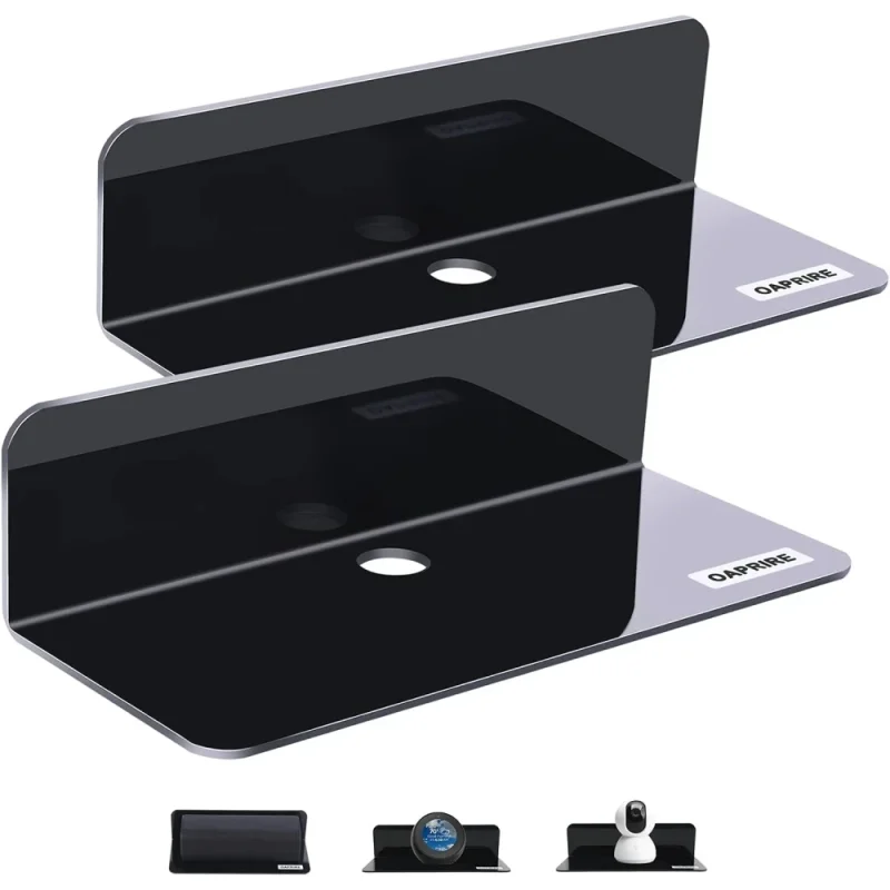 OAPRIRE Acrylic Floating Wall Shelves Set of 2, Damage-Free Expand Wall Space, Black Small Wall Shelf for Smart Speaker, Action Figures, Monitor with Cable Clips, Stick on, No Drill