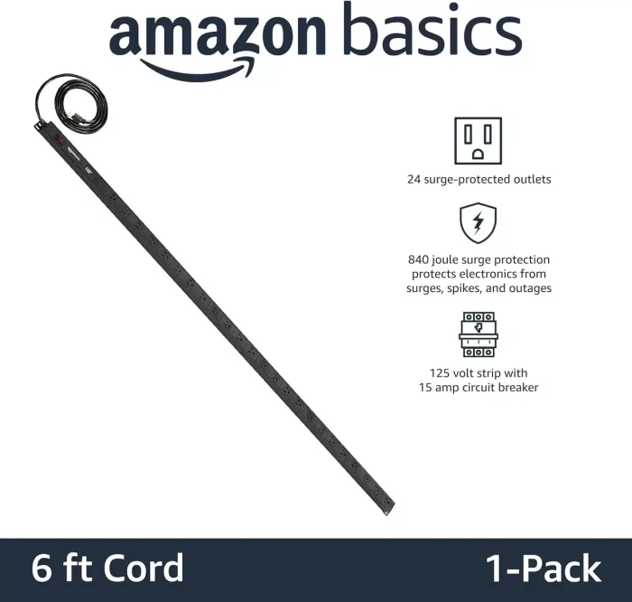 Amazon Basics Heavy Duty Metal Rectangle Surge Protector Power Strip With Mounting Brackets, 24 Outlet, 840-Joule (15A On/Off Circuit Breaker), Black - Image 4