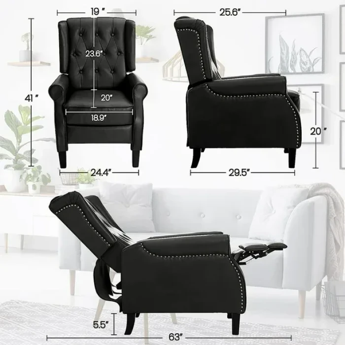 BALICHUN Leather Recliner Chair, Black Accent Chair, Wingback Push Back Recliner Chair for Living Room or Bedroom, Massage Recliner Chair for Adults, Small Single Reclining Sofa Lounge (Black) - Image 3