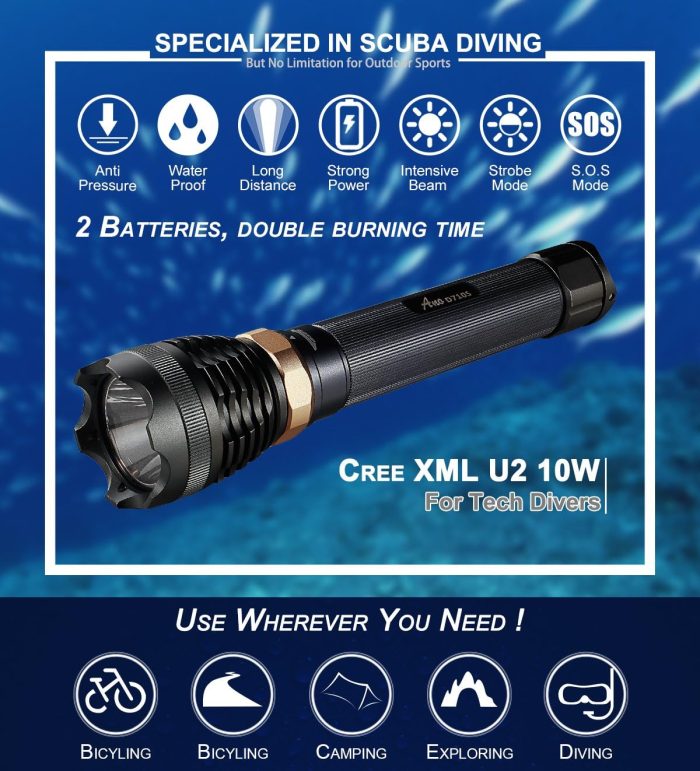 Ano D710S Dive Light with Magnetic Rotary Switch Kingkong 2 x 26650 Batteries and USB Charger Included 1000 Lumens Underwater Scuba Dive Flashlight with Cree XML U2 LED 650ft Waterproof - Image 3