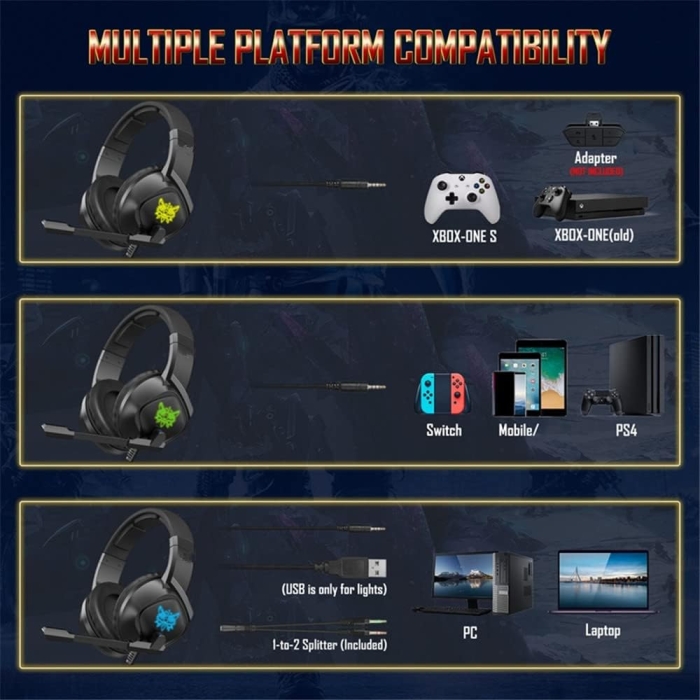 GZCRDZ K19 3.5mm Gaming Headset PS4 PC Gamer Stereo Earphones Bass Headphone with Mic LED Light RGB (Black) - Image 4