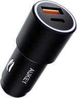 AUKEY CC-Y22-BK Cigarette Lighter Socket, USB Car Charger, 48 W, USB-A, USB-C 2 Ports, High Output, Supports Simultaneous Charging of 2 Devices, Black, Smartphone, iPhone, Android, Compact,