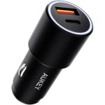 AUKEY CC-Y22-BK Cigarette Lighter Socket, USB Car Charger, 48 W, USB-A, USB-C 2 Ports, High Output, Supports Simultaneous Charging of 2 Devices, Black, Smartphone, iPhone, Android, Compact,