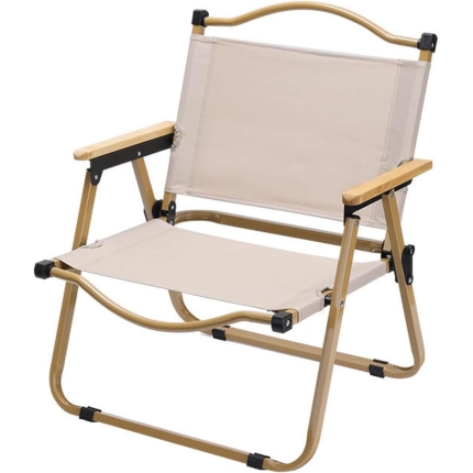 MedMad Folding Camping Chair, Ultralight Aluminum Outdoor Beach Chair with Solid Wood Armrest, Portable Collapsible Fishing Chair for Hiking Lawn Picnic (Khaki, Large)