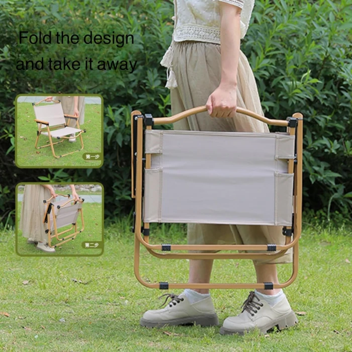 MedMad Folding Camping Chair, Ultralight Aluminum Outdoor Beach Chair with Solid Wood Armrest, Portable Collapsible Fishing Chair for Hiking Lawn Picnic (Khaki, Large) - Image 5
