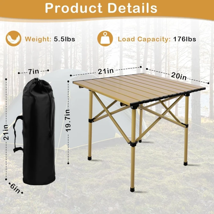 Folding Camping Table, Aluminum Roll-up Camp Table, Portable and Durable Table with Carry Bag for Outdoor Picnic, Beach, Kitchen- 21(L) x20(W) x20(H) - Image 3