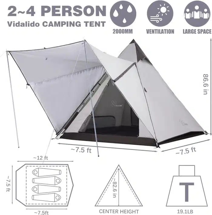 Vidalido 2-4 Person Tent Tall Teepee Tent for Adults Pop up Camping Tents with 2 Doors 6 Windows Double Layer Waterproof Family Tent Portable Instant Tipi Tent for Outdoor Camping Hiking Backpacking - Image 6