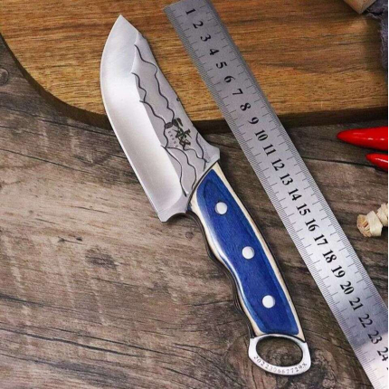 Handmade Stainless Steel Hunting Knife with Blue Handle & Leather Sheath