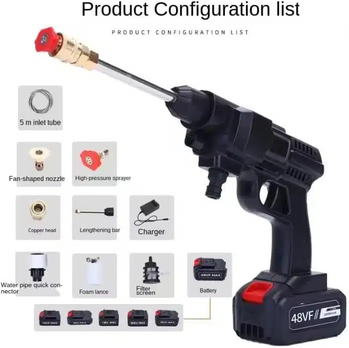 High Pressure Car Washer Gun, 48VF with Dual Battery - 300W, 25000mAh Peak Power 30Bar.Used For Car Washing, Floor Cleaning & Garden Watering. Water Spray Gun (Made In Japan) - Image 2