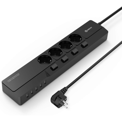 DREVO DP45 EU Power Strip Surge Protector Strip with 4 Individual Switches 5 USB Ports and 1.5 m Cord Black