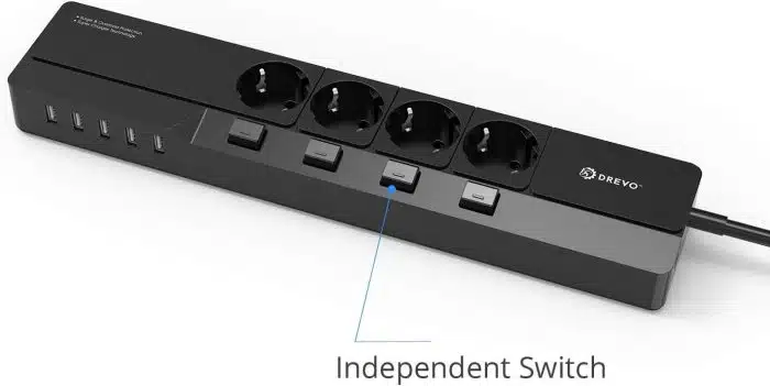 DREVO DP45 EU Power Strip Surge Protector Strip with 4 Individual Switches 5 USB Ports and 1.5 m Cord Black - Image 2