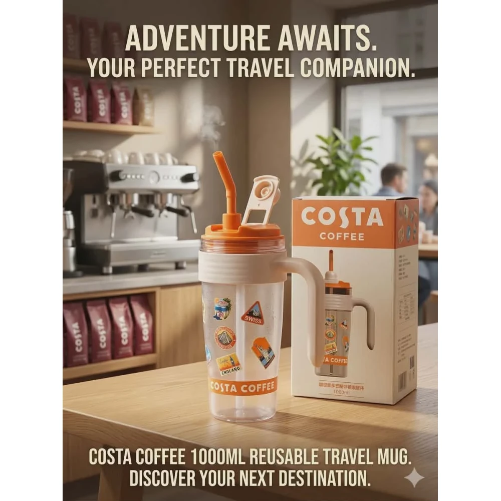 image COSTA COFFEE Portable Drinking Cup – 1L Plastic Tumbler with Straw & Handle - Image 1