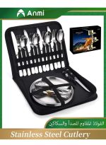 Silverware Flatware Cutlery Set, 20-piece Outdoor Camping Stainless Steel Cutlery, Forks, Spoons, Plates, Food Clips, Portable Cutlery Bag Set (Color : Silver) - Image 3