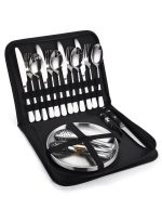 Silverware Flatware Cutlery Set, 20-piece Outdoor Camping Stainless Steel Cutlery, Forks, Spoons, Plates, Food Clips, Portable Cutlery Bag Set (Color : Silver)
