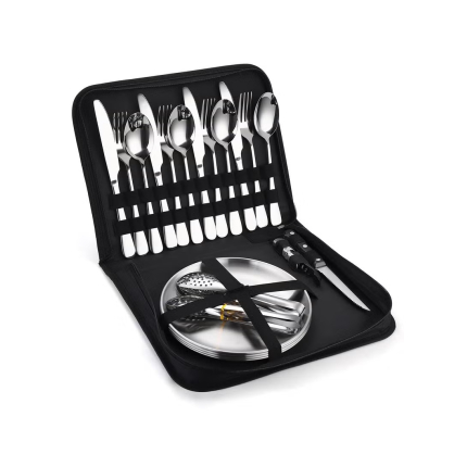 Silverware Flatware Cutlery Set, 20-piece Outdoor Camping Stainless Steel Cutlery, Forks, Spoons, Plates, Food Clips, Portable Cutlery Bag Set (Color : Silver)