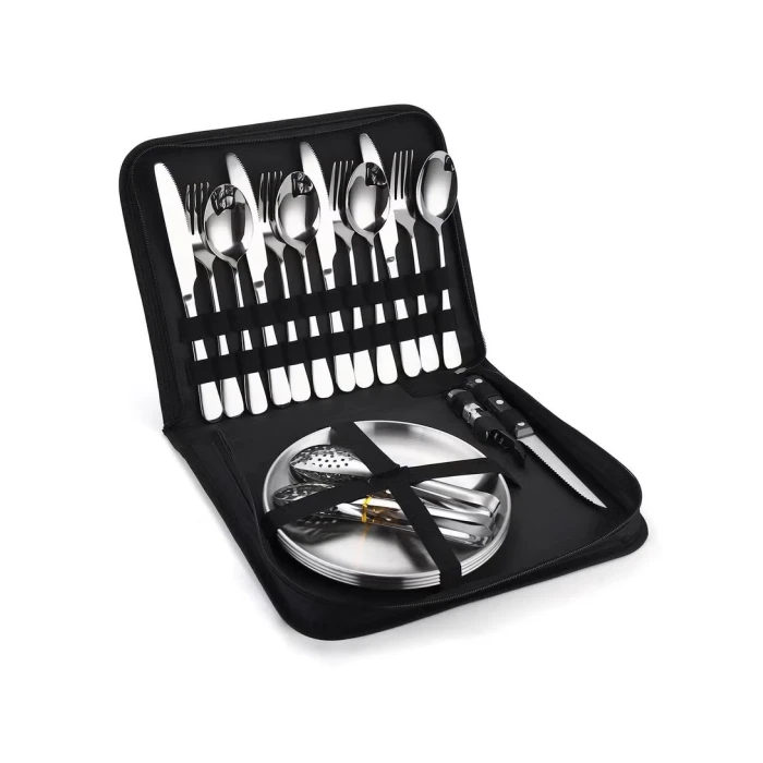 Silverware Flatware Cutlery Set, 20-piece Outdoor Camping Stainless Steel Cutlery, Forks, Spoons, Plates, Food Clips, Portable Cutlery Bag Set (Color : Silver) - Image 6